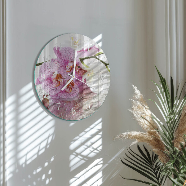Okrúhle sklenené hodiny Orchidea