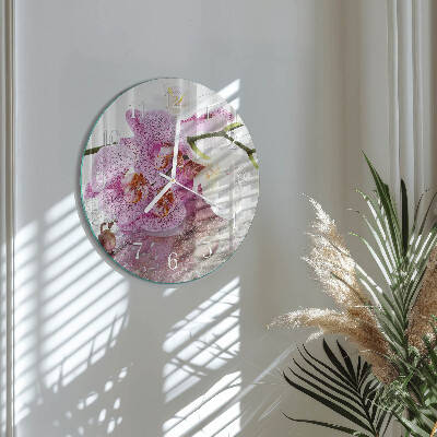 Okrúhle sklenené hodiny Orchidea