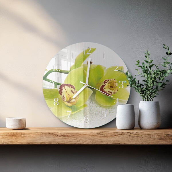 Okrúhle sklenené hodiny Orchidea