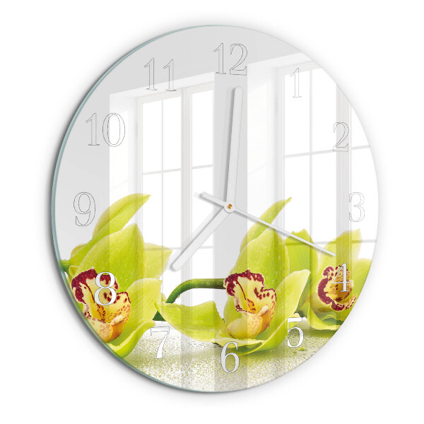 Okrúhle sklenené hodiny Orchidea