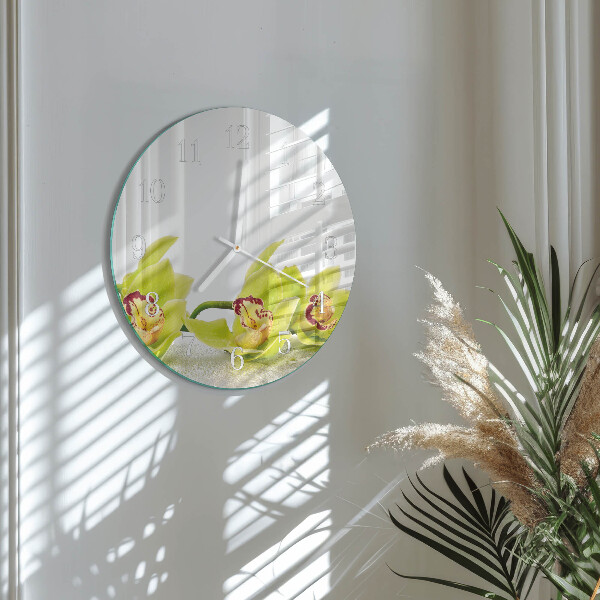 Okrúhle sklenené hodiny Orchidea