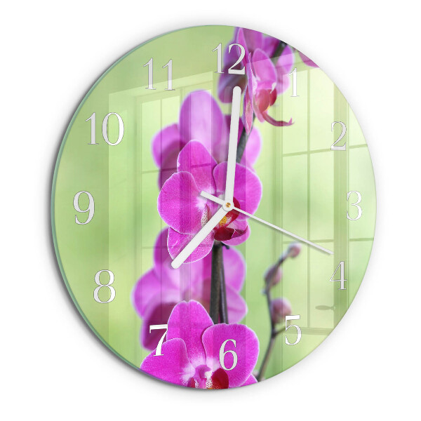 Okrúhle sklenené hodiny Orchidea