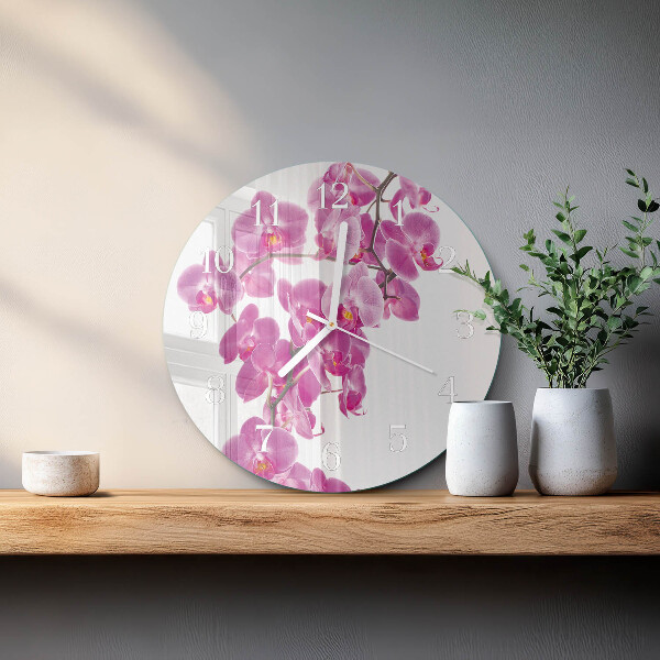 Okrúhle sklenené hodiny Orchidea