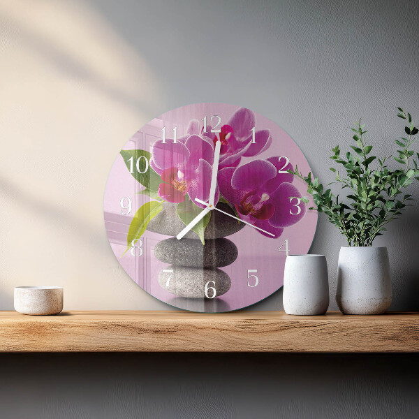 Okrúhle sklenené hodiny Orchidea