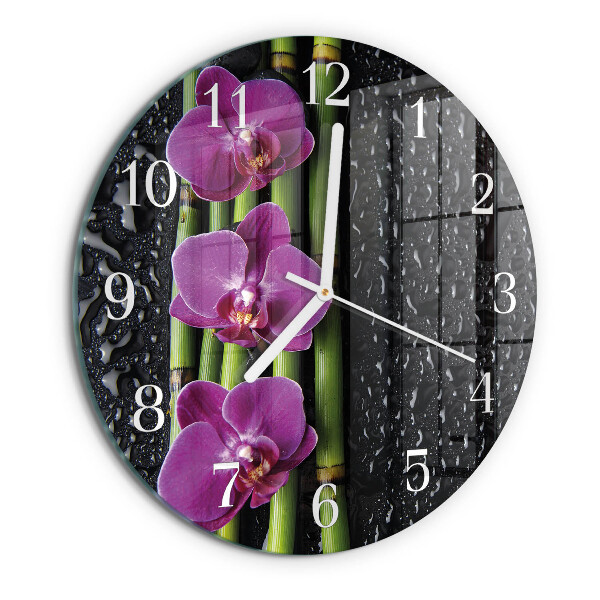 Okrúhle sklenené hodiny Orchidea
