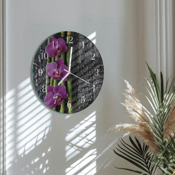 Okrúhle sklenené hodiny Orchidea