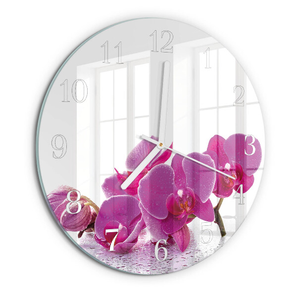 Okrúhle sklenené hodiny Orchidea