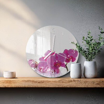 Okrúhle sklenené hodiny Orchidea