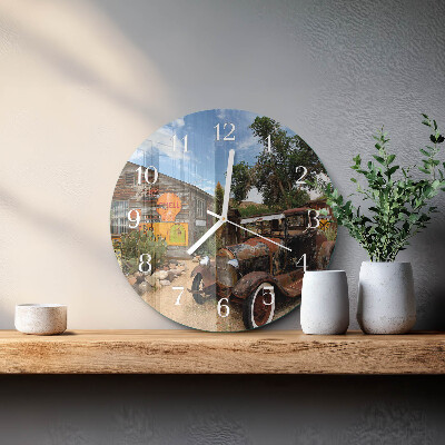 Okrúhle sklenené hodiny Staré auto