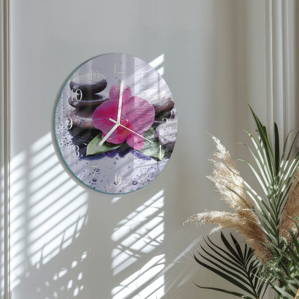 Okrúhle sklenené hodiny Orchidea