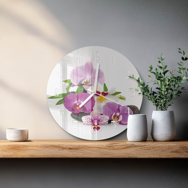 Okrúhle sklenené hodiny Orchidea