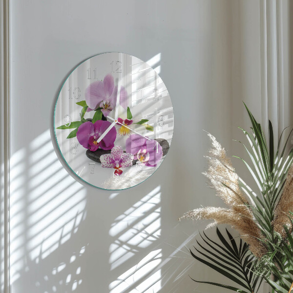 Okrúhle sklenené hodiny Orchidea