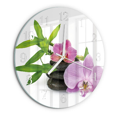 Okrúhle sklenené hodiny Orchidea