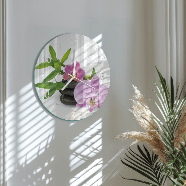 Okrúhle sklenené hodiny Orchidea