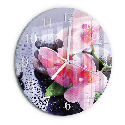 Okrúhle sklenené hodiny Orchidea