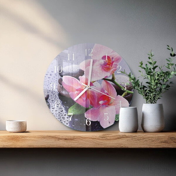 Okrúhle sklenené hodiny Orchidea