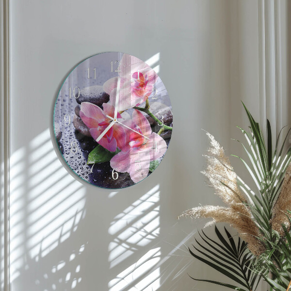 Okrúhle sklenené hodiny Orchidea