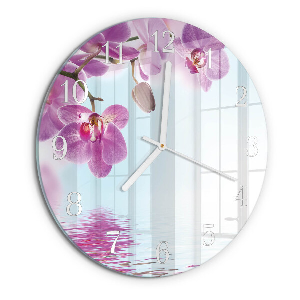 Okrúhle sklenené hodiny Orchidea