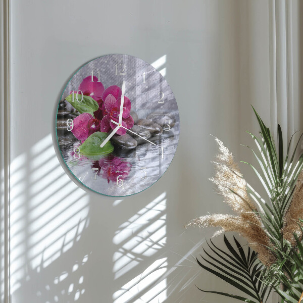 Okrúhle sklenené hodiny Orchidea