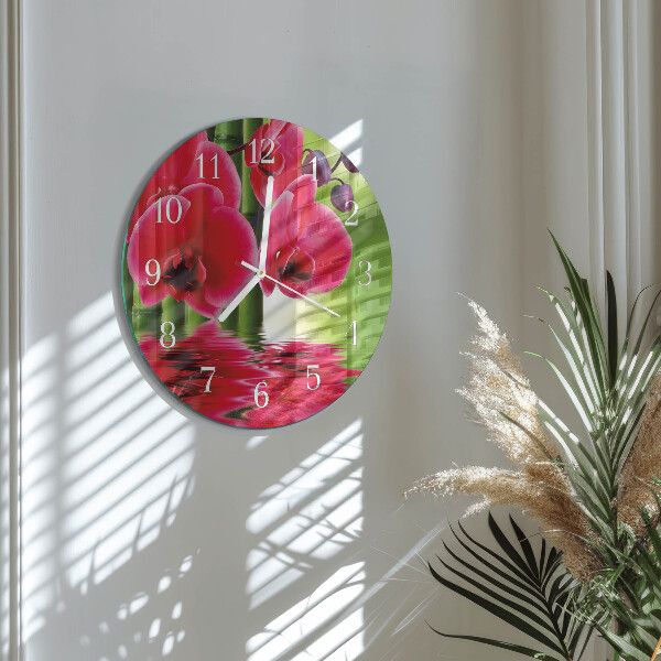 Okrúhle sklenené hodiny Orchidea