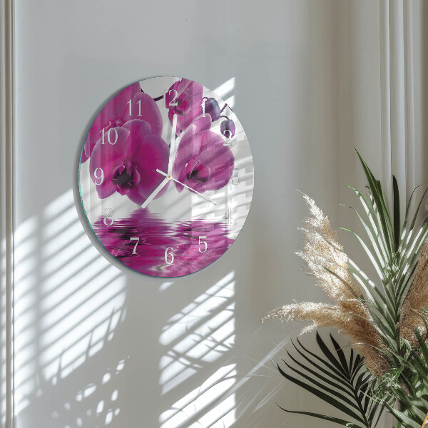 Okrúhle sklenené hodiny Orchidea