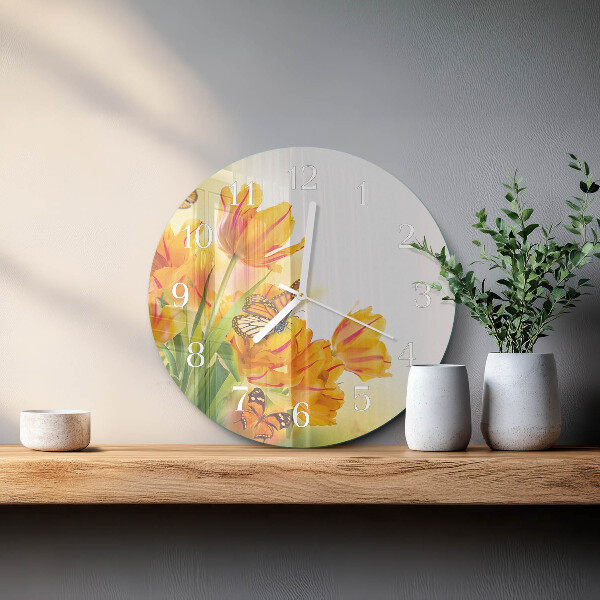 Okrúhle sklenené hodiny Tulipány