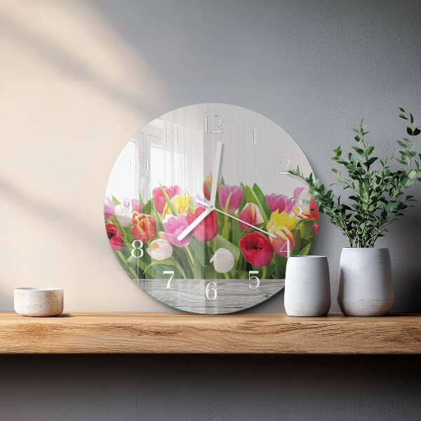 Okrúhle sklenené hodiny Tulipány