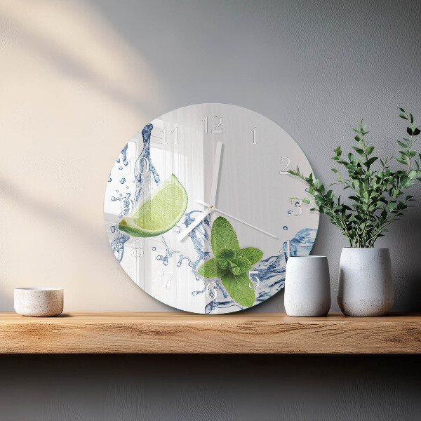 Okrúhle sklenené hodiny Mäta s limetkou