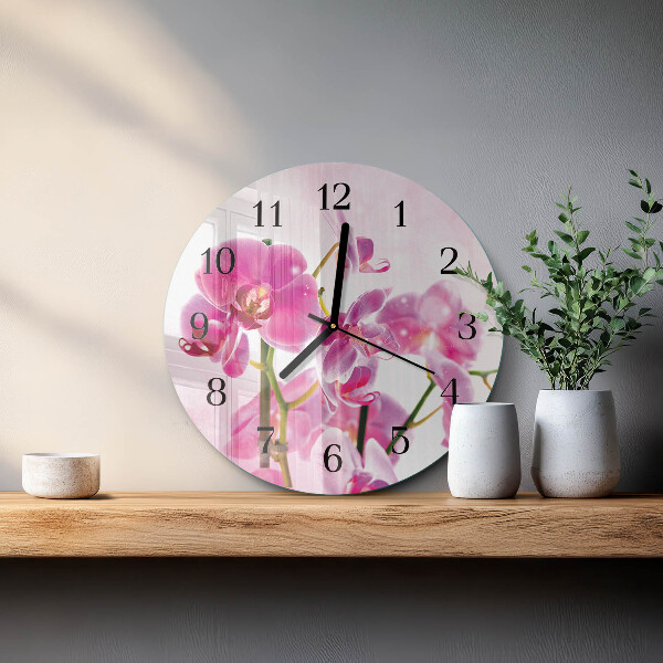 Okrúhle sklenené hodiny Orchidea