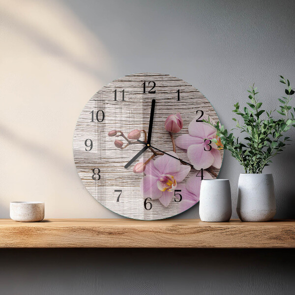 Okrúhle sklenené hodiny Orchidea