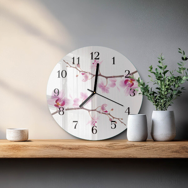 Okrúhle sklenené hodiny Orchidea