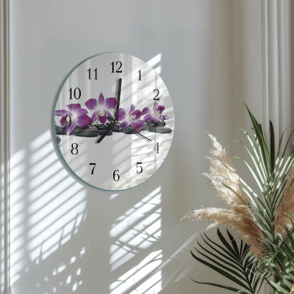 Okrúhle sklenené hodiny Orchidea