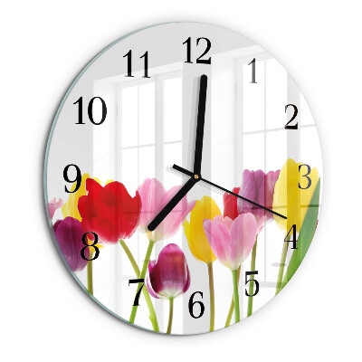 Okrúhle sklenené hodiny Farebné tulipány