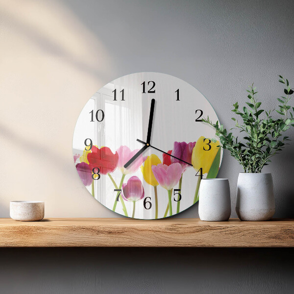 Okrúhle sklenené hodiny Farebné tulipány
