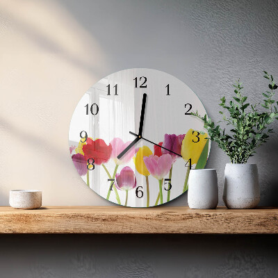 Okrúhle sklenené hodiny Farebné tulipány