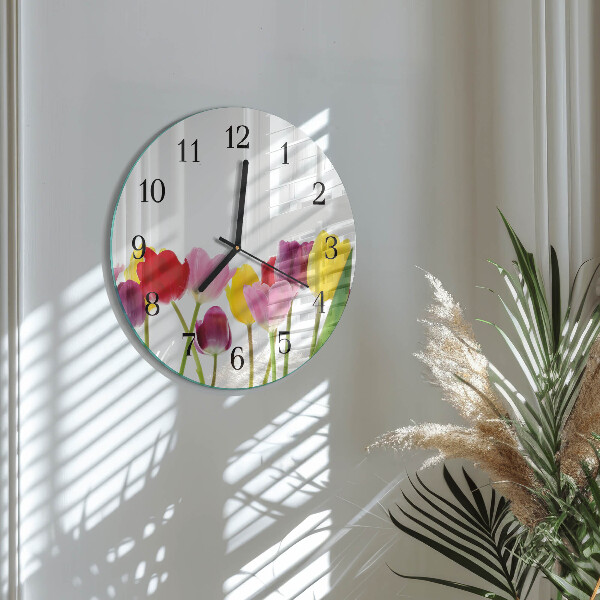 Okrúhle sklenené hodiny Farebné tulipány