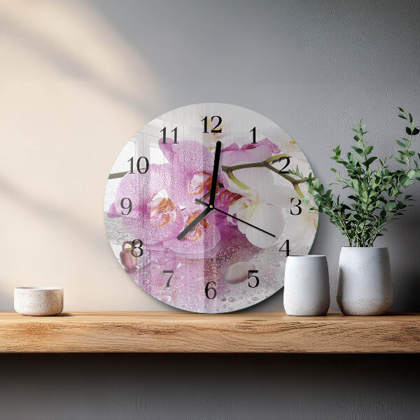 Okrúhle sklenené hodiny Orchidea
