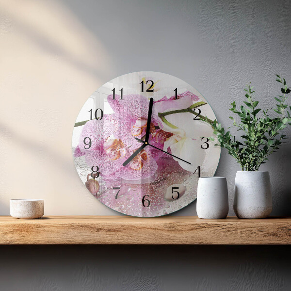 Okrúhle sklenené hodiny Orchidea