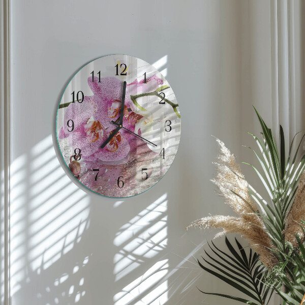 Okrúhle sklenené hodiny Orchidea