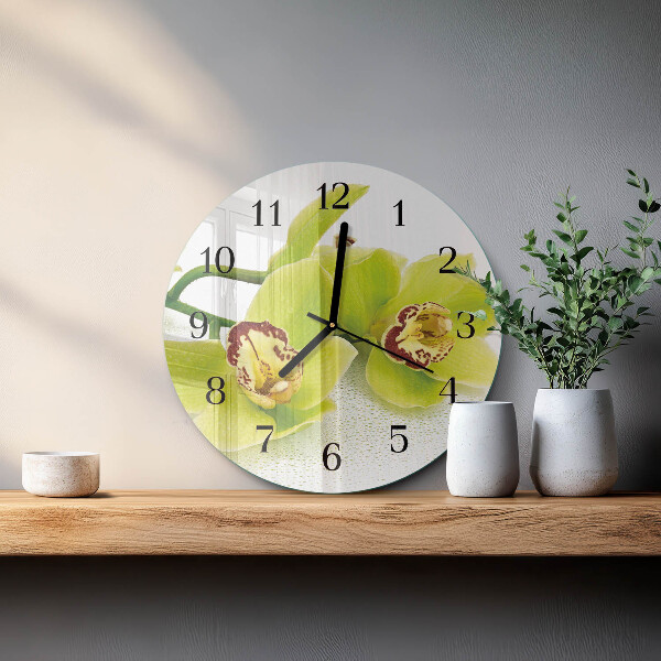 Okrúhle sklenené hodiny Orchidea
