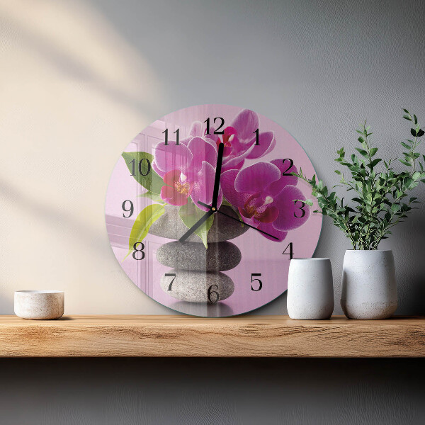 Okrúhle sklenené hodiny Orchidea