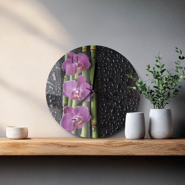 Okrúhle sklenené hodiny Orchidea