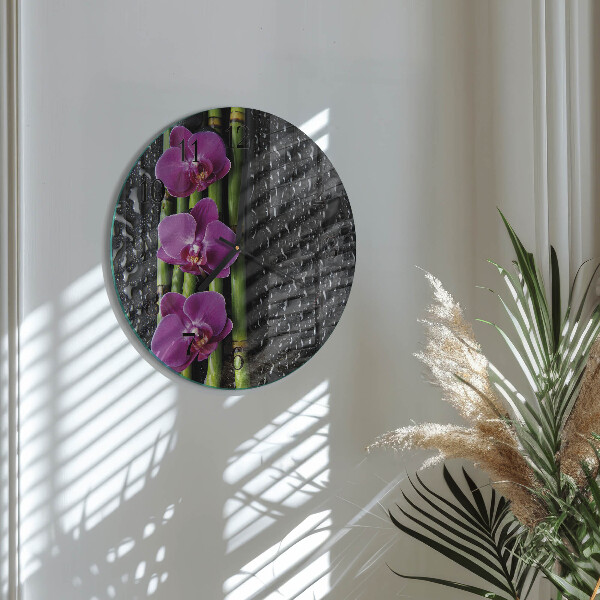 Okrúhle sklenené hodiny Orchidea