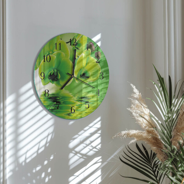 Okrúhle sklenené hodiny Orchidea
