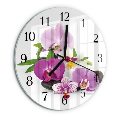 Okrúhle sklenené hodiny Orchidea