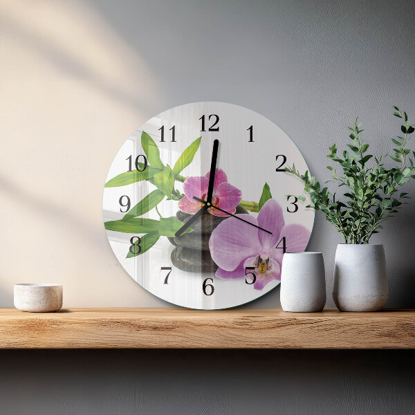 Okrúhle sklenené hodiny Orchidea