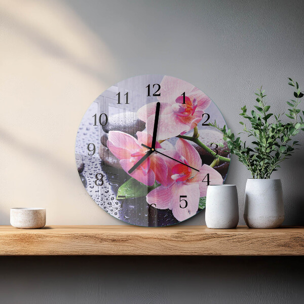 Okrúhle sklenené hodiny Orchidea