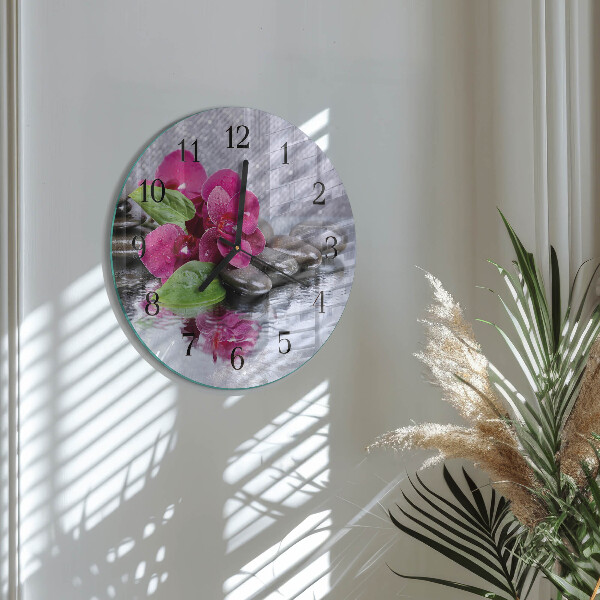 Okrúhle sklenené hodiny Orchidea