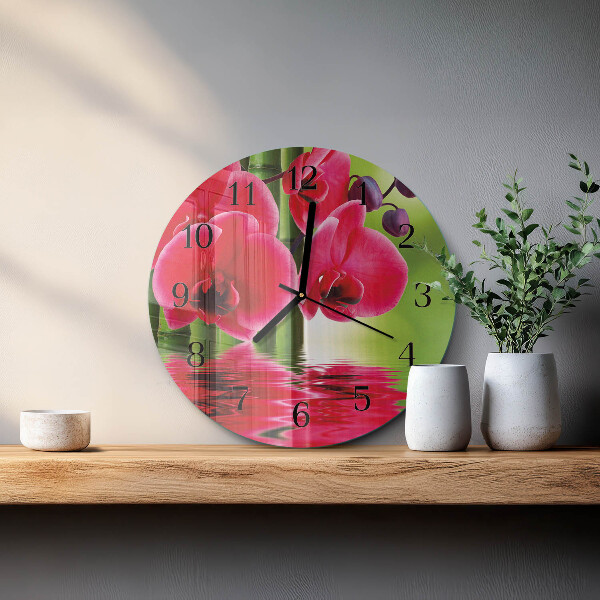 Okrúhle sklenené hodiny Orchidea