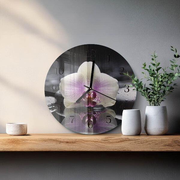 Okrúhle sklenené hodiny Orchidea